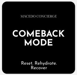 Black square wellness poster with bold white text reading "COMEBACK MODE", smaller tagline "Reset. Rehydrate. Recover.", and a small brand name at the top.