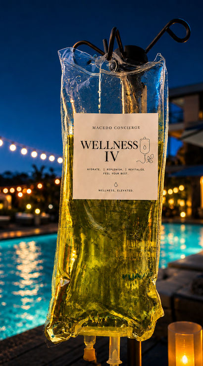 Poolside evening shot of a yellow-green 'Wellness IV' infusion bag hanging on a stand beside a lit outdoor pool, string lights and candles creating a luxury spa hydration therapy vibe.