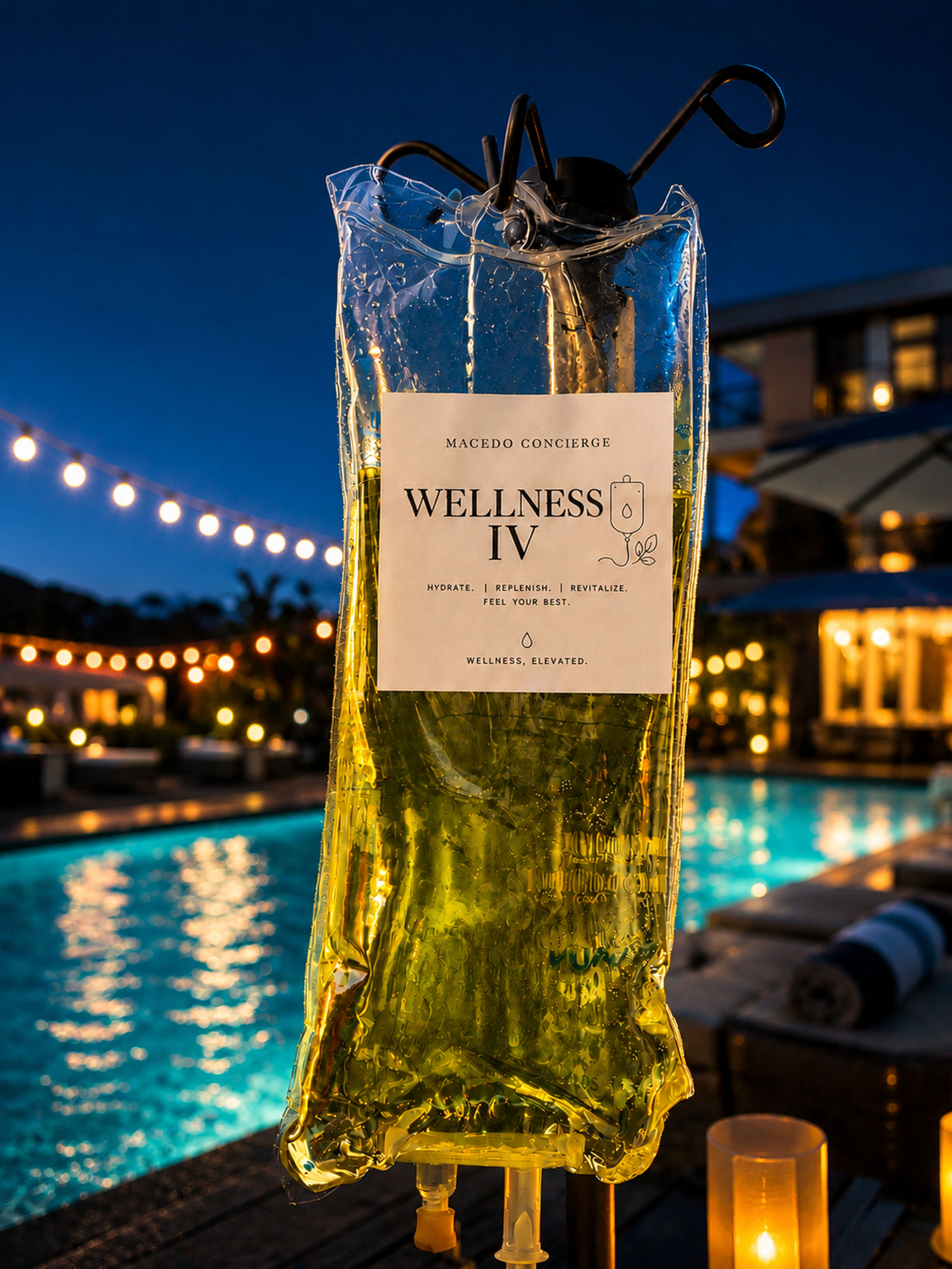 Poolside evening shot of a yellow-green 'Wellness IV' infusion bag hanging on a stand beside a lit outdoor pool, string lights and candles creating a luxury spa hydration therapy vibe.