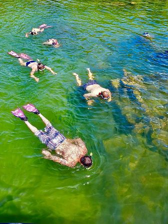 Aerial view of several snorkelers with bright fins floating face-down in vibrant green water over a rocky seabed.