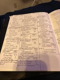 Close-up of a handwritten mixology notebook spread with columns of cocktail recipes, ingredients, measurements and small cocktail glass doodles on a bedside surface.