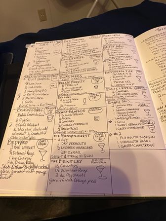 Close-up of a handwritten mixology notebook spread with columns of cocktail recipes, ingredients, measurements and small cocktail glass doodles on a bedside surface.