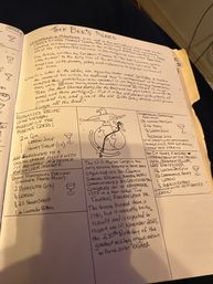 Handwritten notebook page titled "The Bee's Knees" displaying cocktail recipes (gin, lemon, honey syrup), bartending notes, a hand-drawn eagle-and-globe sketch, and short U.S. Marine Corps history notes.