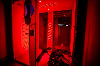 Red-lit glass booth with vertical LED panels, a circular ring light on an adjustable arm, and a potted plant in the foreground