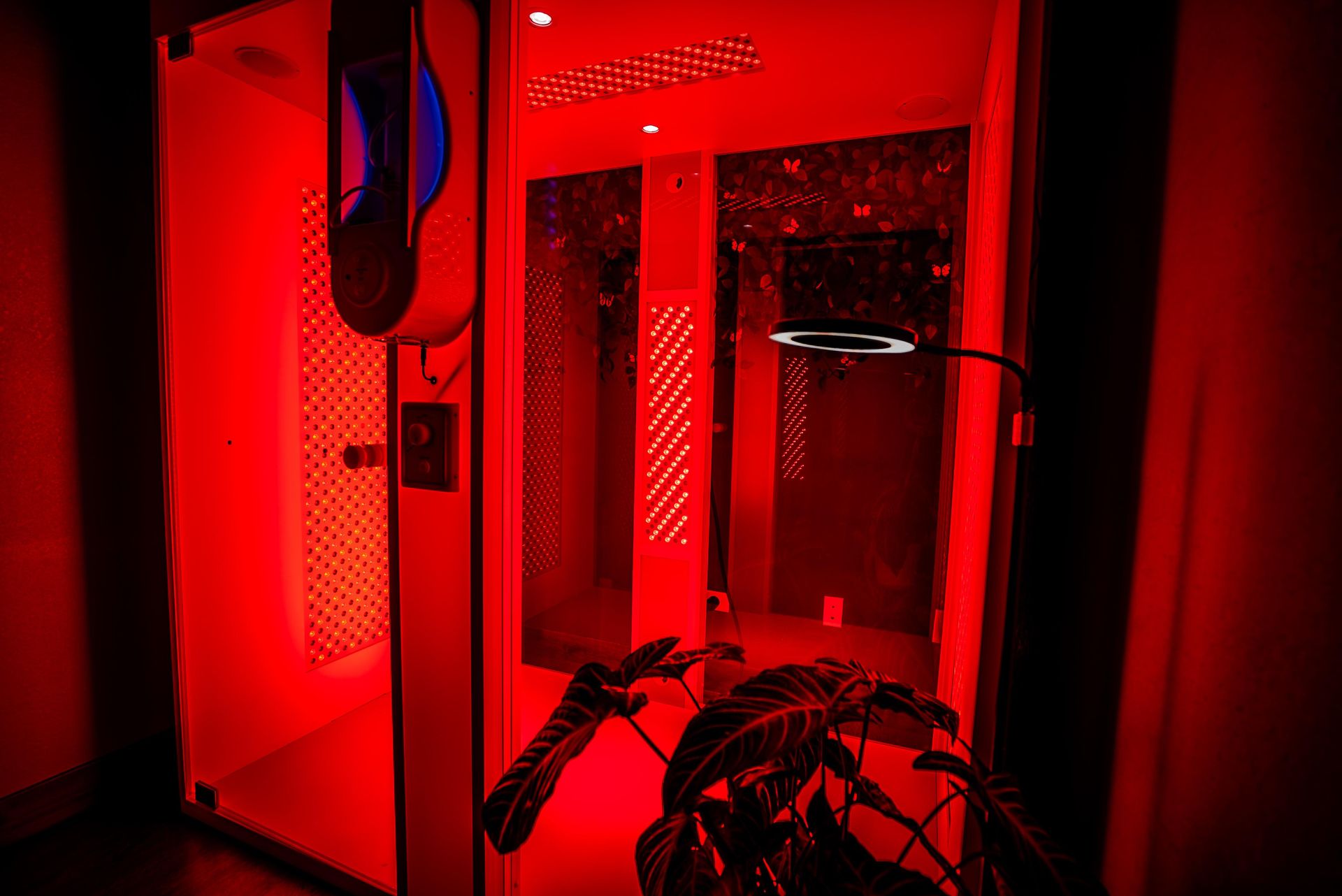 Red-lit indoor light therapy booth with glass door, circular LED ring lamp and leafy houseplant in the foreground — modern glowy pod vibe.