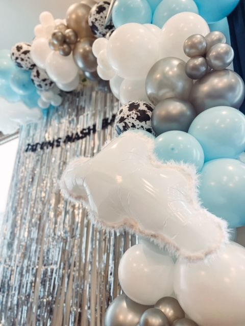 Indoor party photo backdrop featuring a pastel blue, white, and metallic silver balloon garland with speckled accents, a fuzzy cloud-shaped foil balloon, and a shimmering silver fringe curtain.