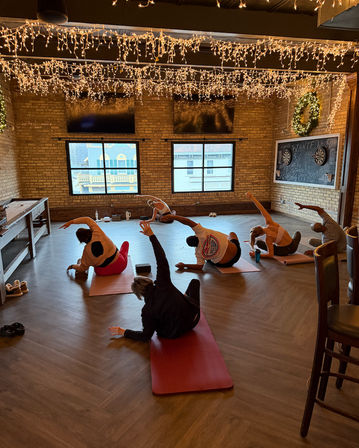 Group yoga/stretch class in a cozy loft-style studio with exposed brick walls, herringbone wood floor, twinkling string lights, large windows overlooking a downtown street, chalkboard wall and participants on mats doing side stretches.
