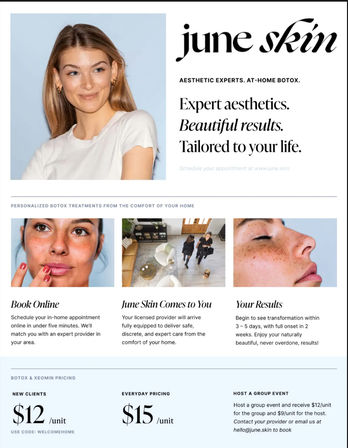 Promotional webpage for at-home cosmetic injections featuring a smiling female portrait, headline about expert aesthetics, three panels highlighting book-online, licensed provider home visits, and treatment results, plus pricing and booking details.