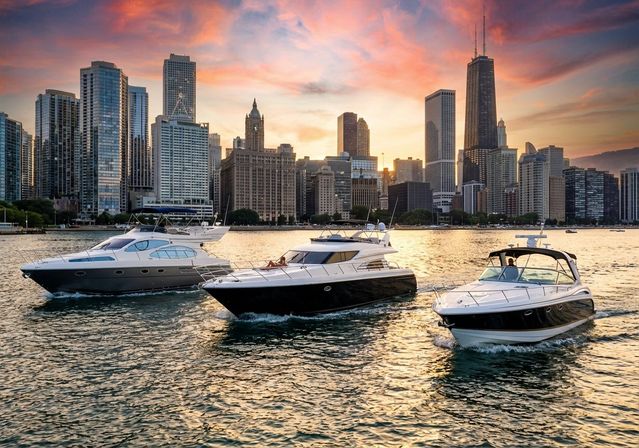 Three luxury yachts cruising on golden Lake Michigan at sunset with the Chicago skyline and a dramatic pink-orange sky.