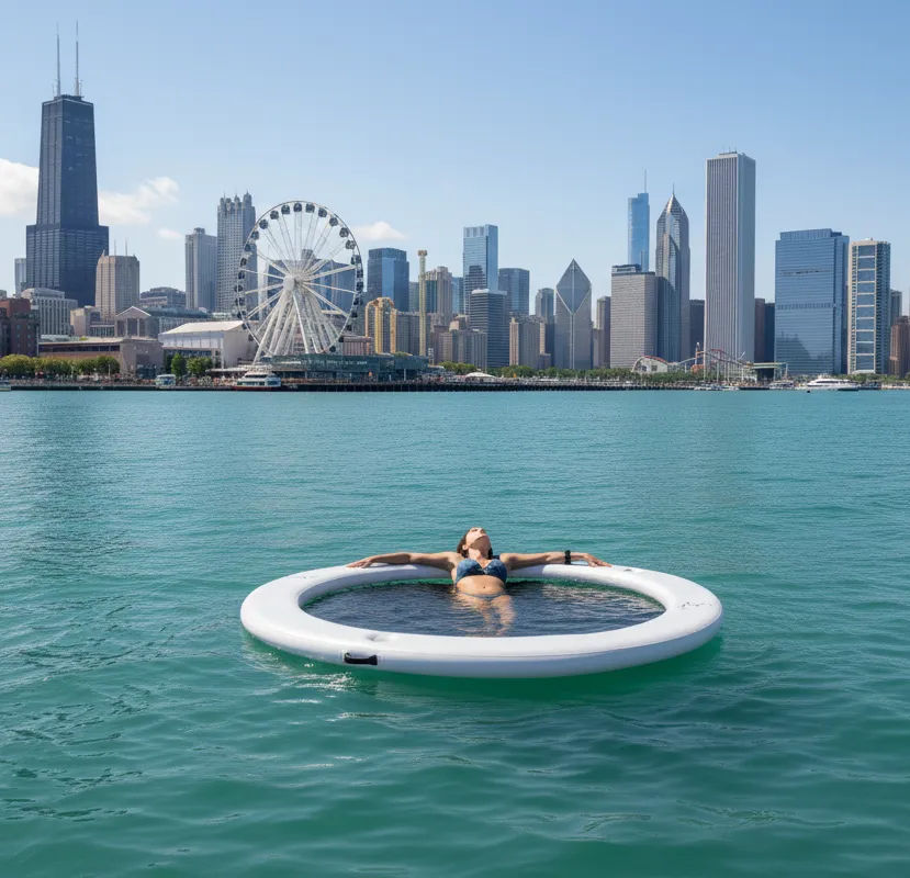 Person lounging on a circular inflatable pool float in turquoise lake water with the Chicago skyline and waterfront Ferris wheel visible across the bay.