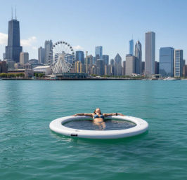 Person lounging on a circular inflatable pool float in turquoise lake water with the Chicago skyline and waterfront Ferris wheel visible across the bay.