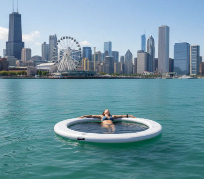 Person lounging on a circular inflatable pool float in turquoise lake water with the Chicago skyline and waterfront Ferris wheel visible across the bay.