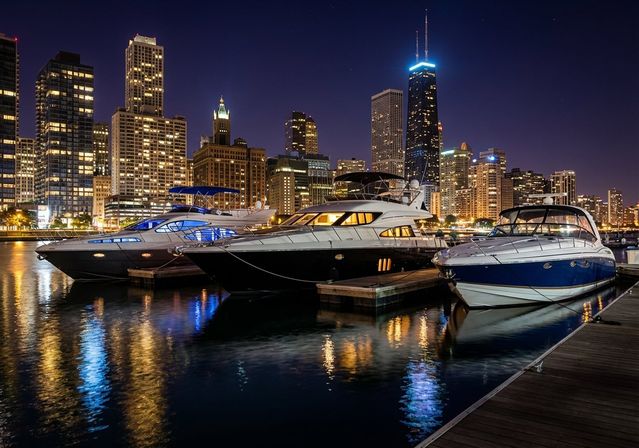 Three luxury yachts moored at a downtown marina at night, glowing skyscrapers and colorful city lights reflecting on calm water.