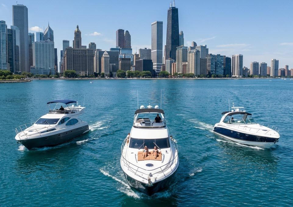 Three sleek yachts cruising on bright blue Lake Michigan with the Chicago skyline of skyscrapers towering behind on a sunny day.