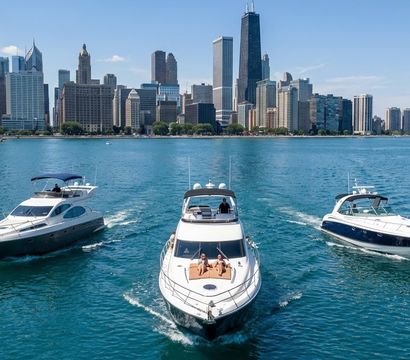 Three sleek yachts cruising on bright blue Lake Michigan with the Chicago skyline of skyscrapers towering behind on a sunny day.