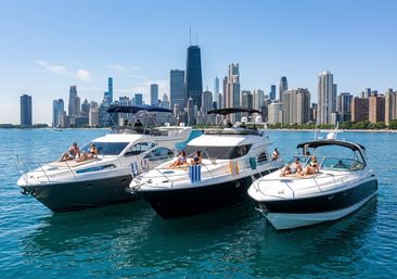 Three white motor yachts with people sunbathing on the bows, floating on turquoise lake water in front of a downtown skyscraper skyline under a clear summer sky.