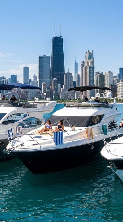 Three white motor yachts with people sunbathing on the bows, floating on turquoise lake water in front of a downtown skyscraper skyline under a clear summer sky.