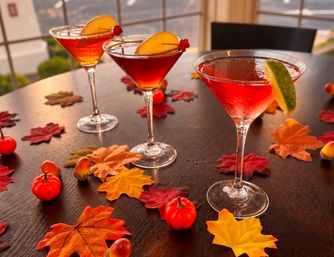 Three red martini cocktails garnished with peach slices and a lime on a dark wooden table scattered with autumn maple leaves, mini pumpkins and acorns, sunset-lit window in background.