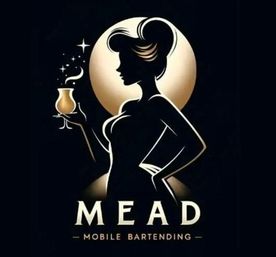 Gold-on-black logo: stylized female silhouette holding a sparkling goblet in front of a glowing moon, promoting a mead mobile bartending service.
