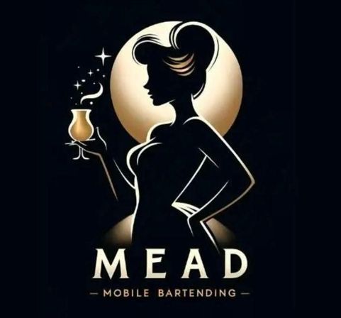 Gold-on-black logo: stylized female silhouette holding a sparkling goblet in front of a glowing moon, promoting a mead mobile bartending service.