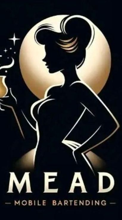 Gold-on-black logo: stylized female silhouette holding a sparkling goblet in front of a glowing moon, promoting a mead mobile bartending service.