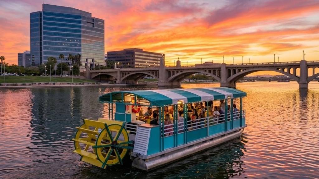 Teal paddlewheel tour boat carrying people on a city river at vibrant orange-pink sunset, with an arched bridge and glass downtown buildings reflected in the water.