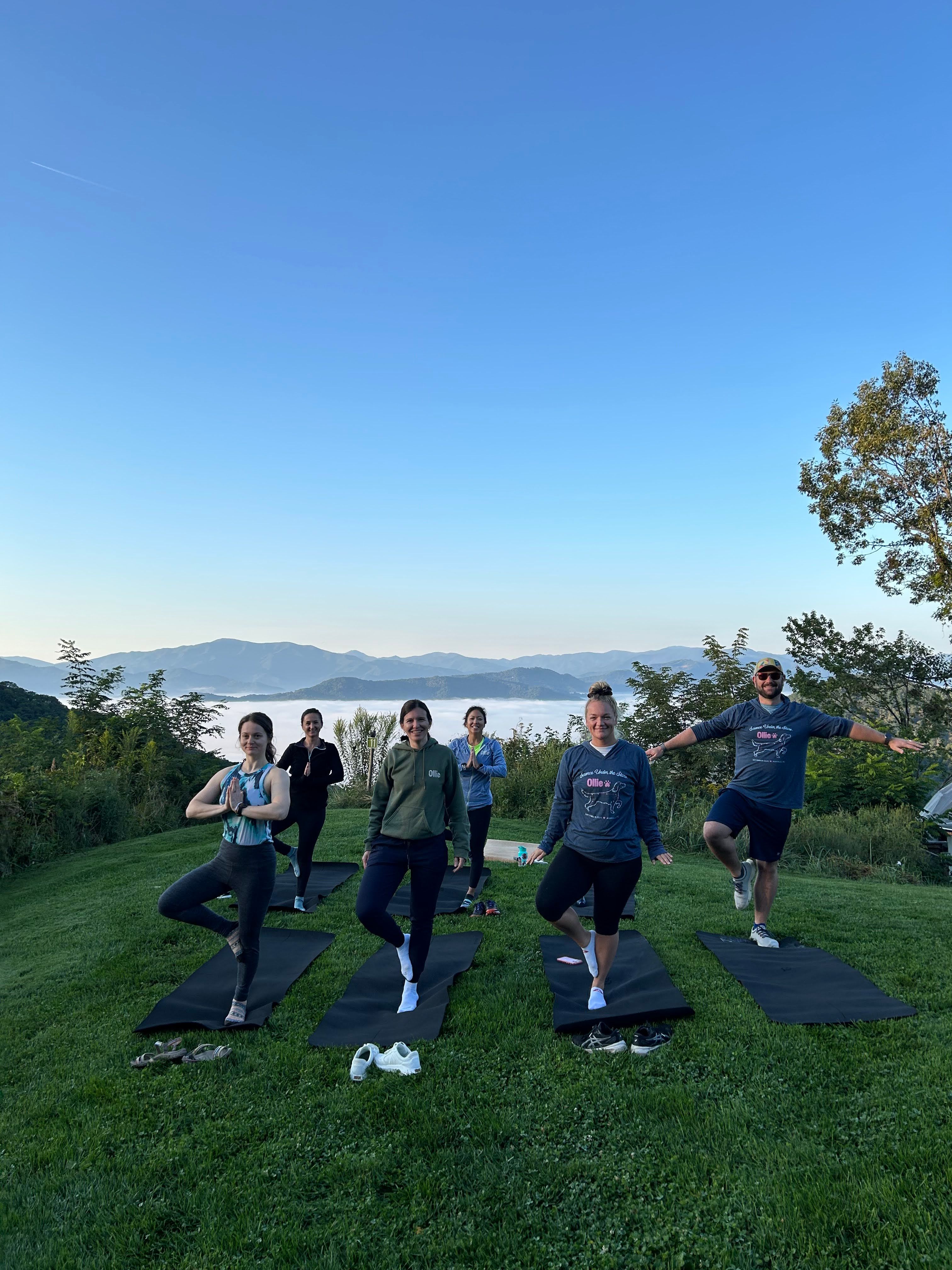 Six people practicing tree pose on yoga mats during a morning outdoor yoga session on a grassy hilltop overlooking a fog-filled valley and blue mountain ridges under a clear sky.