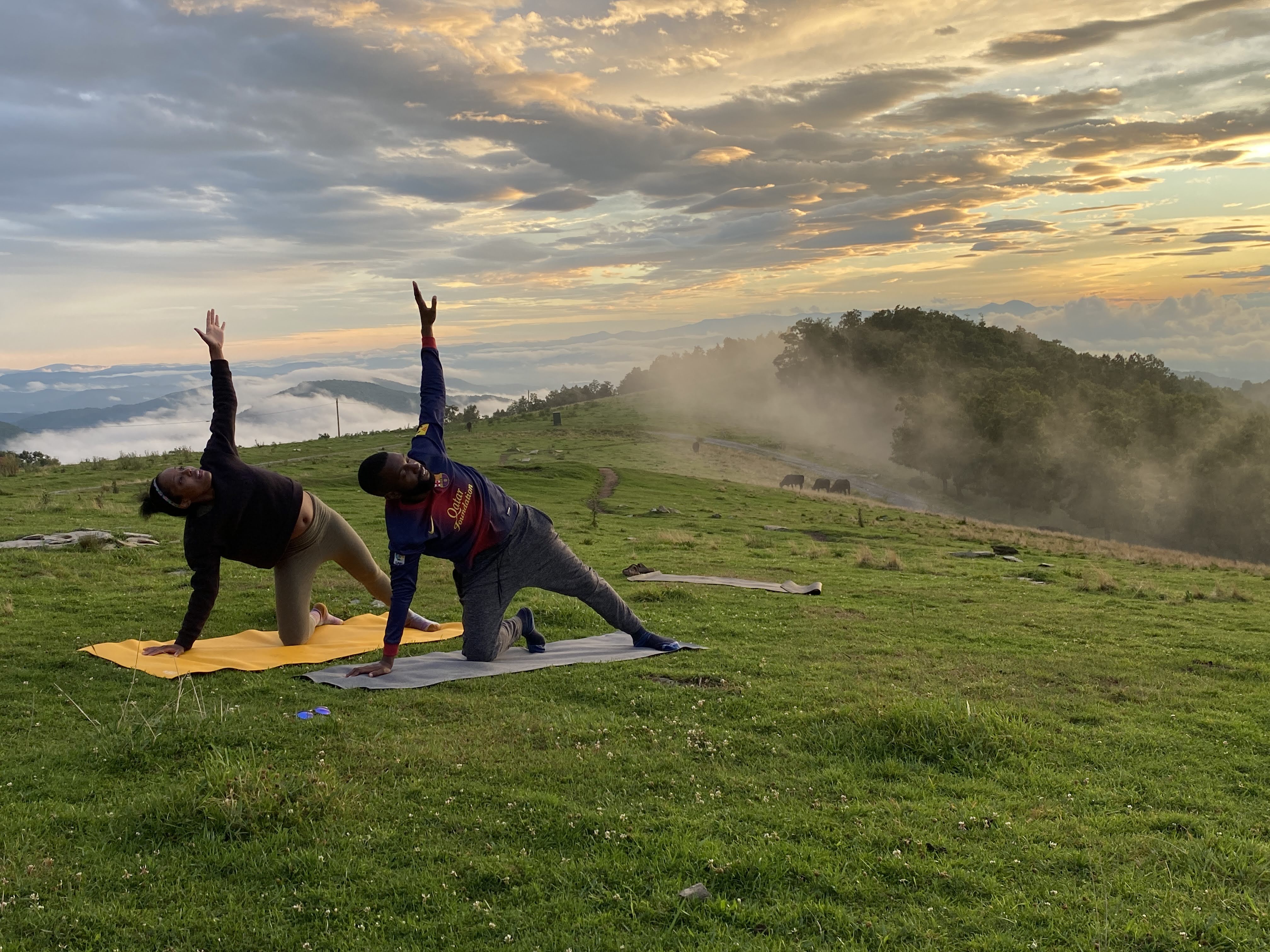 Two people doing yoga on mats in a misty mountain meadow at sunrise, stretching toward the sky with rolling green hills, grazing animals and dramatic cloud-filled sky in the background