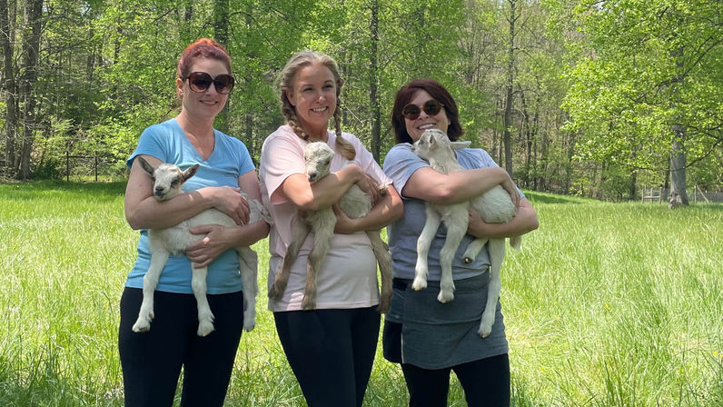 Three smiling women in casual clothes cradle white baby goats in a sunny spring meadow with lush green trees in the background