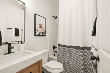 Bright modern home bathroom with wood vanity and white marble countertop, matte black fixtures, striped shower curtain, white towels, and playful framed animal print