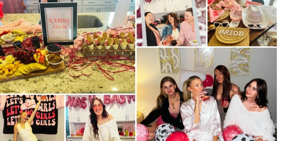 Collage of a pink-themed bachelorette party at home: kitchen island charcuterie board with cheeses, crackers, fruit and mini appetizers, a 'BRIDE' straw hat and pink signage, and a group of women in robes and party outfits sipping cocktails, laughing among balloons and banners.