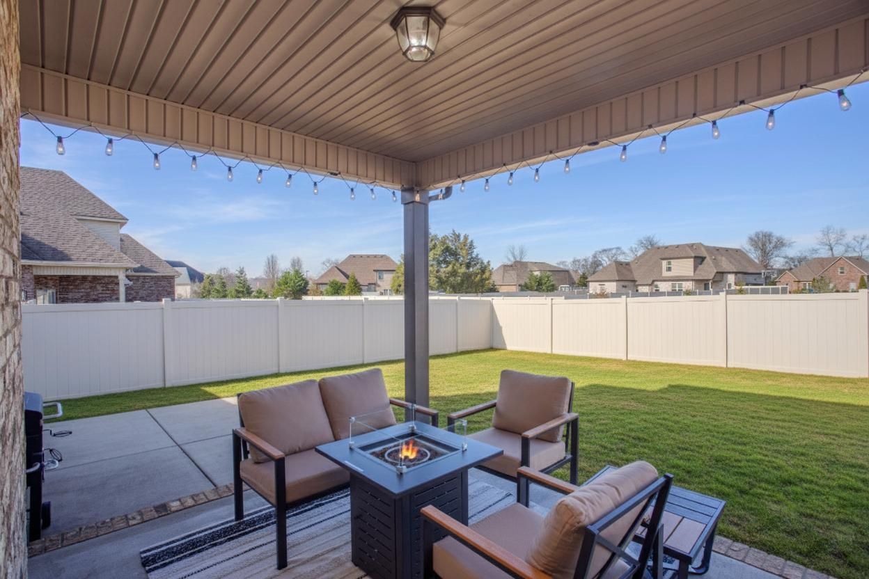 Cozy covered suburban backyard patio with string lights, cushioned outdoor chairs around a central fire-pit table on a concrete slab and rug, overlooking a fenced green lawn under a clear blue sky.