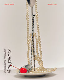 Minimalist studio still-life of pearl necklaces draped over twisted metal spoons into a small white dish with a bright red maraschino cherry — jewelry product styling for fashion accessories.