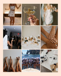 Glam bachelorette-party collage: bride in white, champagne glass with gold jewelry, towel-robed pals, yacht beach crew, manicured hands and makeup tools.
