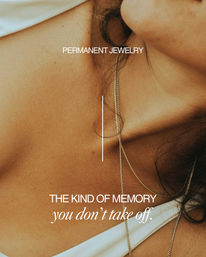 Close-up of a sun-kissed collarbone and neck wearing layered gold chain necklaces over a white top, styled as a permanent-jewelry ad with an elegant tagline — minimal summer jewelry look.