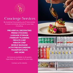 Vacation rental concierge services promo with a bright pink panel listing offerings like pre-arrival decorating, fridge stocking, private chef, mobile massage and transportation, paired with photos of a plated gourmet entrée being sauced and a stocked mini-fridge of drinks and snacks.