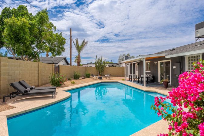Sunny suburban backyard with a sparkling turquoise swimming pool, two black lounge chairs, covered patio seating, large cactus, palm trees and bright pink bougainvillea