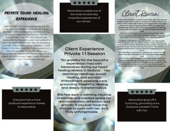 Collage of client testimonials for private sound healing 1:1 sessions and a Sedona retreat, with circular bokeh backgrounds, five‑star rating banners and excerpts praising astrology readings, somatic healing and transformative experiences.