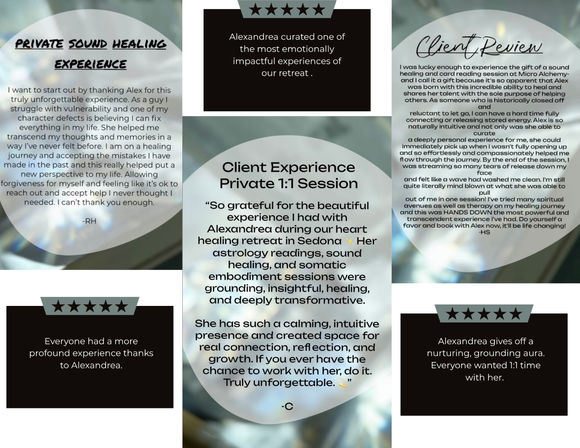 Collage of client testimonials for private sound healing 1:1 sessions and a Sedona retreat, with circular bokeh backgrounds, five‑star rating banners and excerpts praising astrology readings, somatic healing and transformative experiences.