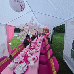 Outdoor pink-and-gold party tent on a lawn with a long banquet table set for celebration — vibrant pink tablecloths and chair covers with gold sashes, faux cherry blossom centerpieces, paper lanterns overhead, gold cutlery place settings, and a pink-gold balloon garland at the far end.