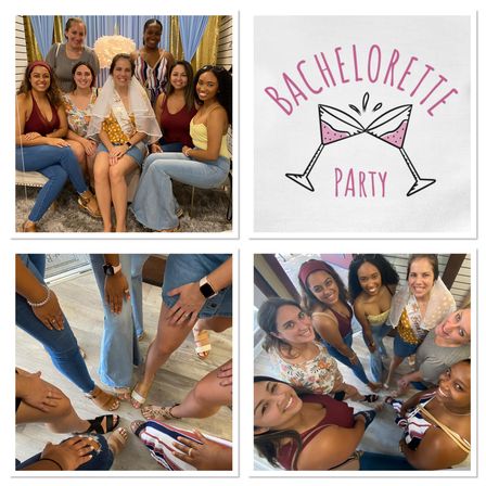 Collage of four photos from an indoor bachelorette party in a boutique event space: bride-to-be wearing a veil and sash seated with friends, a pink “Bachelorette Party” clinking-glasses graphic, close-up of friends’ hands and feet showing rings in a circle, and an overhead group selfie of smiling women.