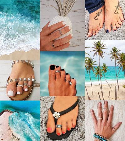 Collage of tropical beach scenes and turquoise ocean with palm trees, paired with close-ups of manicured hands and pedicured feet wearing toe rings, sandals, and silver jewelry — summer beach vibe.