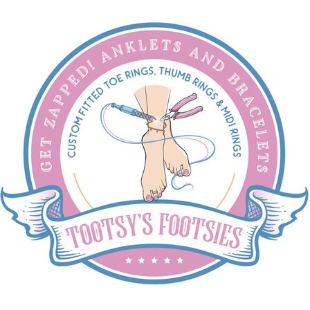 Pastel pink-and-blue circular logo: illustrated feet with painted toenails and an anklet being attached with a handheld tool and pliers, surrounded by text about anklets, bracelets and custom toe rings, plus a ribbon banner for the shop name — foot jewelry logo