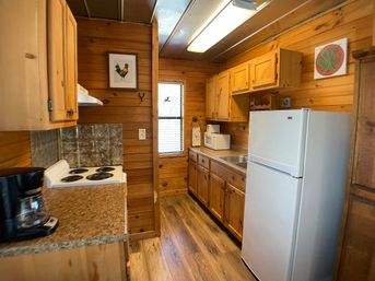 Cozy rustic cabin galley kitchen with pine wood walls and cabinets, white fridge and coil-top stove, microwave, coffee maker, sink, window and rooster art