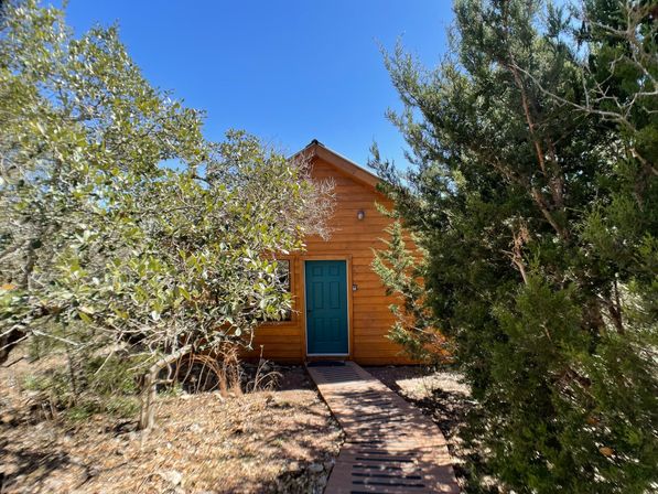 Cozy rustic wooden cabin with a teal door, a short wooden boardwalk to the entrance, surrounded by evergreen and scrub trees under a clear blue sky.