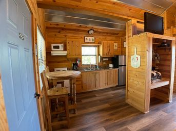 Cozy sunlit rustic cabin kitchenette with knotty pine walls and cabinets, round wooden bistro table with stools, stainless mini-fridge, microwave, sink under window, built-in bunk nook and wall-mounted TV.