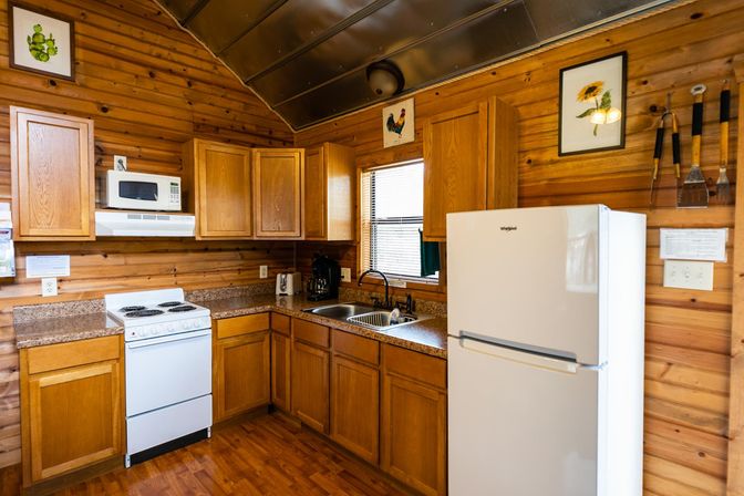 Cozy wood-paneled cabin kitchen with oak cabinets, white refrigerator and electric stove, microwave, double sink, coffee maker, and framed sunflower and rooster prints.