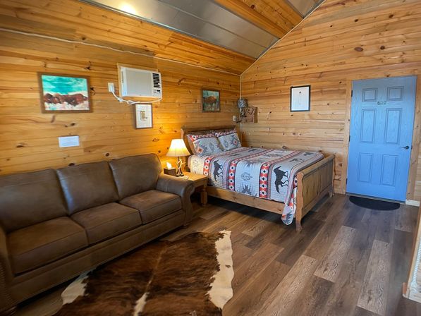 Cozy rustic cabin bedroom with wood-paneled walls, queen bed dressed in lodge-style patterned quilt, brown leather sofa, cowhide rug, bedside lamp, wall air conditioner and a blue entry door on hardwood floors.