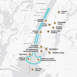 Stylized gray map of Lower Manhattan and New York Harbor with turquoise ferry routes and orange numbered markers for landmarks like the Statue of Liberty, Ellis Island, Governors Island, One World Trade Center, Times Square, Empire State Building, Central Park and Brooklyn Bridge.