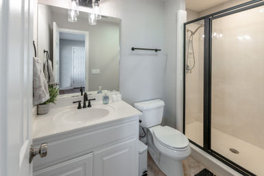 Bright modern bathroom with white vanity and sink, black faucet and hardware, glass-enclosed walk-in shower, white toilet, gray walls, decorative towels and small potted plant